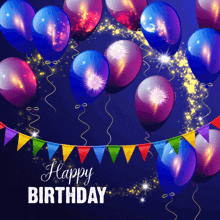 a happy birthday card with balloons and flags on a dark blue background