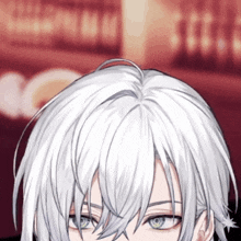 a close up of a person 's head with white hair
