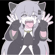 a drawing of a girl with a wolf ear sticking out her tongue