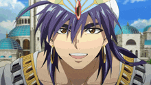 a man with purple hair is wearing a white hat and gold earrings