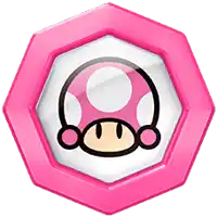 a pink badge with a mushroom in the middle