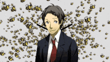 a man in a suit and tie stands in front of a clock with bees on it