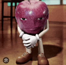 a purple apple with arms and legs is sitting down