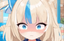 a blonde anime girl with blue eyes is making a surprised face .