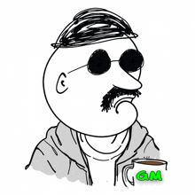 a drawing of a man with a mustache and sunglasses holding a cup of coffee with gm in green letters