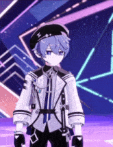 a blue haired anime character wearing a black hat with a diamond on it