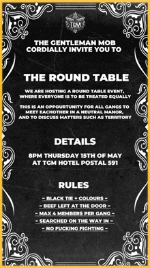 an advertisement for a round table event with details and rules