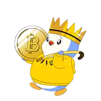 a penguin wearing a crown is holding a coin with a b on it
