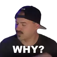 a man with a mustache wearing a hat and a black shirt is asking the question " why "