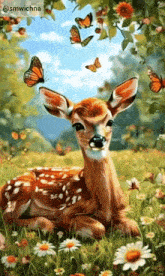 a painting of a baby deer with butterflies flying around it