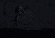 a black and white drawing of a cartoon character in the dark holding a bag .