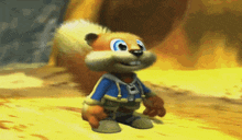 a cartoon squirrel is wearing a blue shirt with the letter a on it