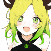 a girl with green hair and horns is wearing a black top with a green circle on it