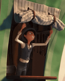 a cartoon character is hanging a striped cloth from a window
