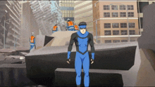 a cartoon of a man in a blue suit standing in front of a destroyed city