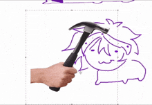 a hand holding a hammer next to a drawing of a girl