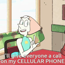 pearl from steven universe is sitting at a table giving a thumbs up sign
