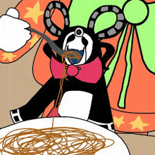 a cartoon character is eating spaghetti with a fork .
