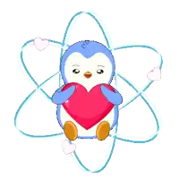 a penguin is holding a heart surrounded by atoms and hearts