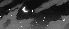 a black and white drawing of a night sky with a crescent moon and petals falling from the clouds .