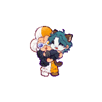 a pixel art drawing of a cat holding a man in its arms .
