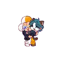 a pixel art drawing of a cat holding a man in its arms .