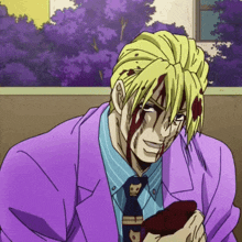 a man in a purple suit and tie with blood on his face