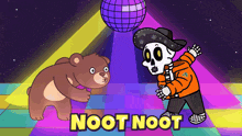 a bear and a skeleton are dancing in front of a disco ball that says noot noot on it