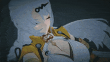 a girl with white hair and a ponytail with the letter m on it