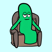 a green cartoon character is sitting in a chair with his eyes closed