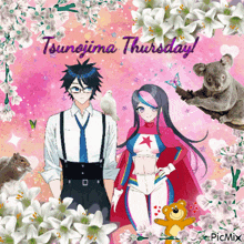 a picture of a man and a woman with the words tsunodima thursday on the bottom