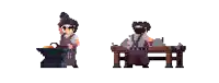 a pixel art of a blacksmith working on a piece of metal