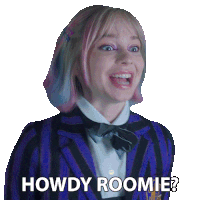 a girl in a purple and black striped suit is asking howdy roomie