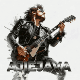 a man in a leather jacket is playing a guitar with the name ajiejava written below him