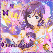 a picture of a girl with purple hair and the words goodnight written on it