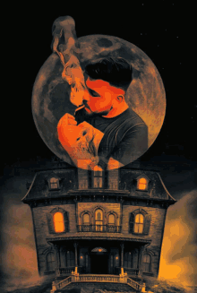 a painting of a haunted house with a man smoking a cigarette