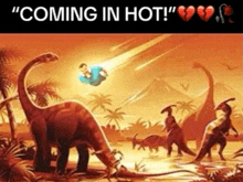 a painting of a man flying through the air surrounded by dinosaurs .