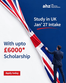 a man is holding a british flag with the words study in uk jan 27 intake