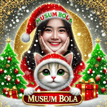 a woman wearing a santa hat and a cat holding a sign that says musum bola