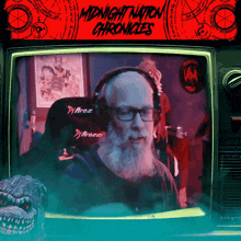 an advertisement for midnight nation chronicles shows a man with glasses and headphones
