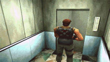 a video game character is standing in an elevator with the number 9 on the wall above him