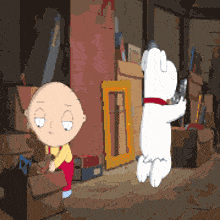 a cartoon of stewie and griffin in a room with boxes