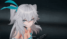 a girl with white hair and blue eyes is holding a gun and smiling
