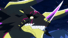a cartoon drawing of a monster with purple horns and sharp teeth