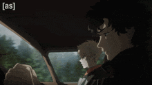 a couple of anime characters in a car with the letters as on the bottom right
