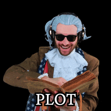 a man wearing a wig and sunglasses is reading a book with the word plot written on it