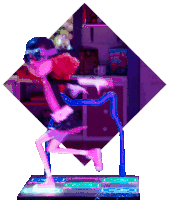 a cartoon character wearing goggles is dancing on a purple surface