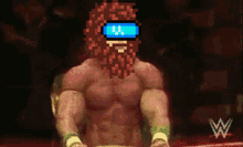 a pixel art of a man with a beard wearing sunglasses and a w logo in the background