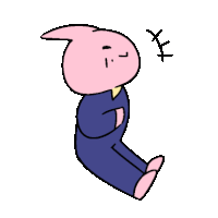 a cartoon drawing of a pink rabbit sitting down with a cross on his head .