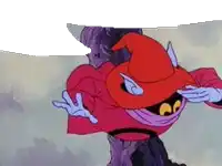 a cartoon character with a red hat and gloves is standing on a rock .